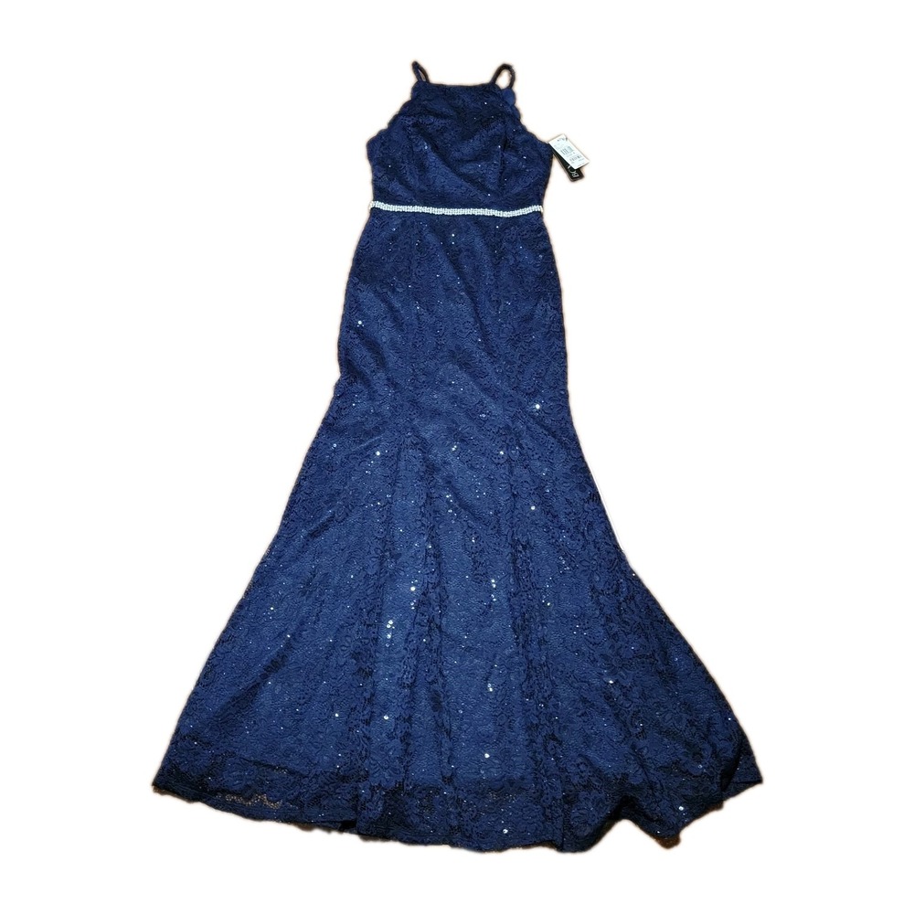 BCX Dress Navy Blue Lace Sequin Halter Gown Size 9 Formal Evening